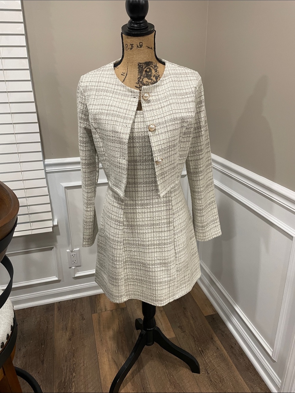 SHEIN Cream Tweed Midi Dress with Cropped Jacket